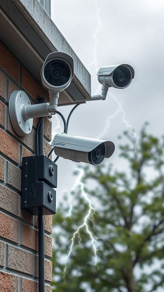 High-definition CCTV security cameras installed outside during a thunderstorm for home safety.