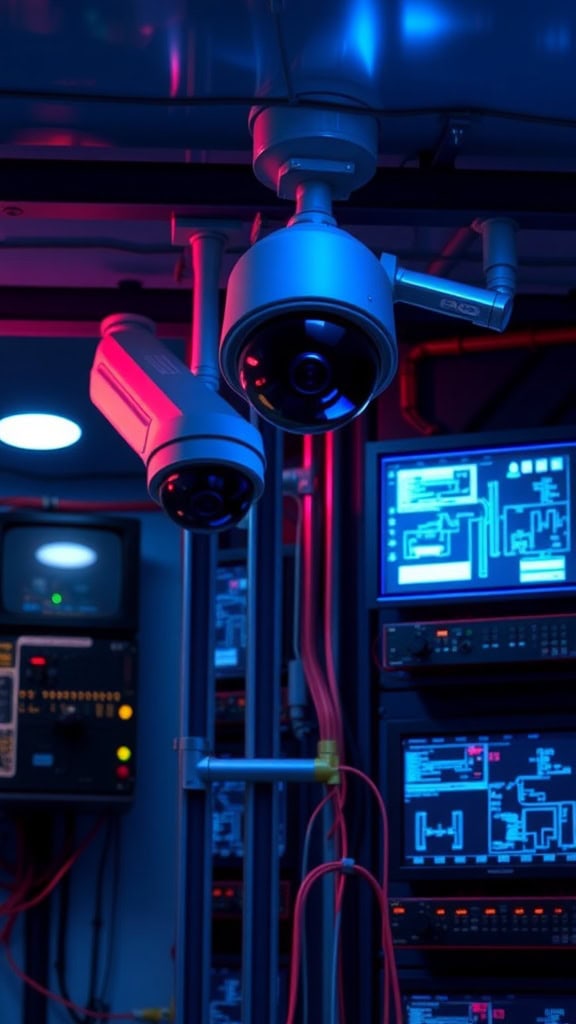CCTV security cameras installed in a data room with monitoring equipment and digital screens.