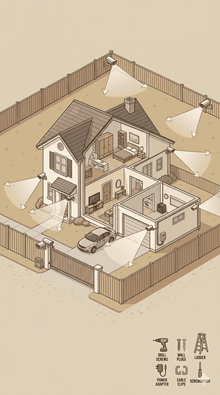 CCTV camera placement diagram for Kenyan residential compound showing optimal positions