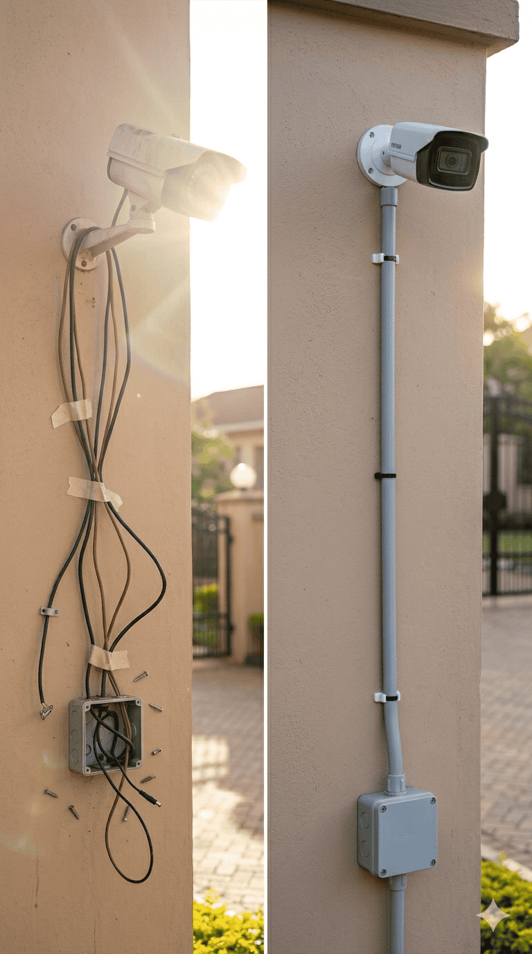 Comparison of incorrect versus correct outdoor CCTV camera installation in Kenya