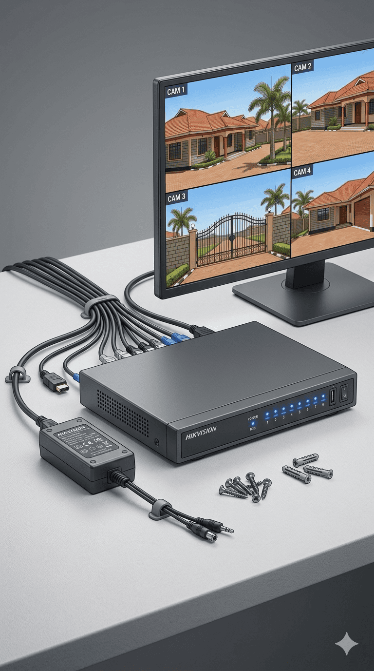 Hikvision 8-channel DVR setup showing live CCTV feed on monitor for home security system