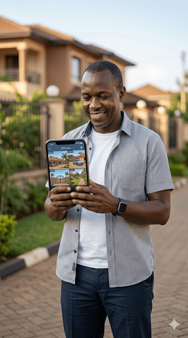 Homeowner viewing CCTV live feed remotely on smartphone using Hik-Connect app in Nairobi