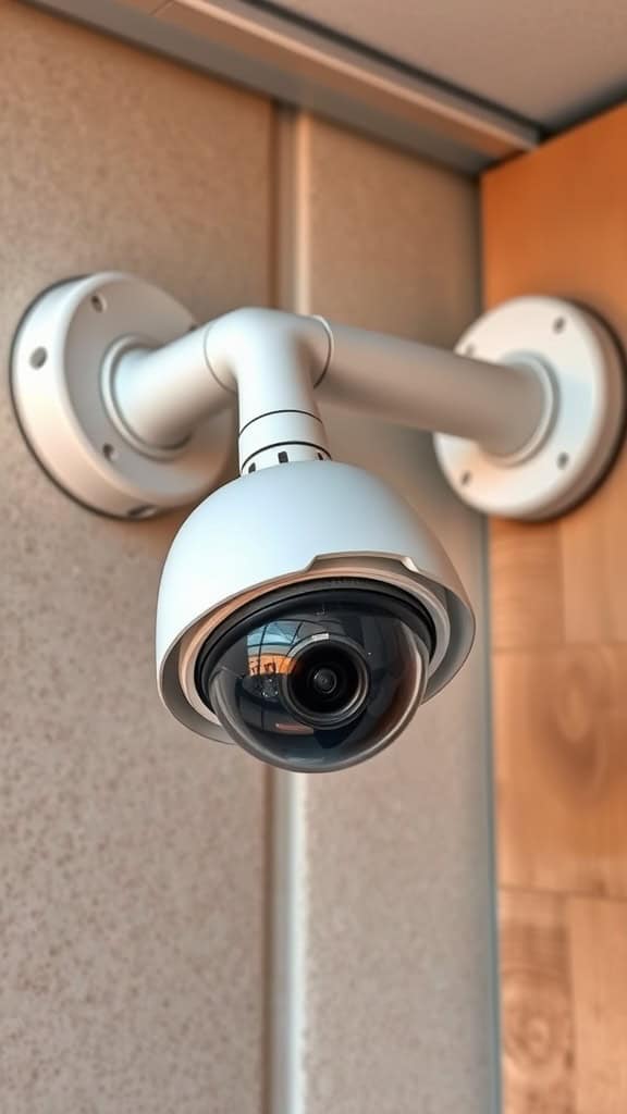 Camera security with wide-angle lens in a clean white housing.