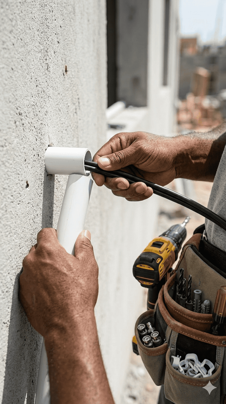 Technician routing CCTV cable through PVC conduit during professional installation in Nairobi