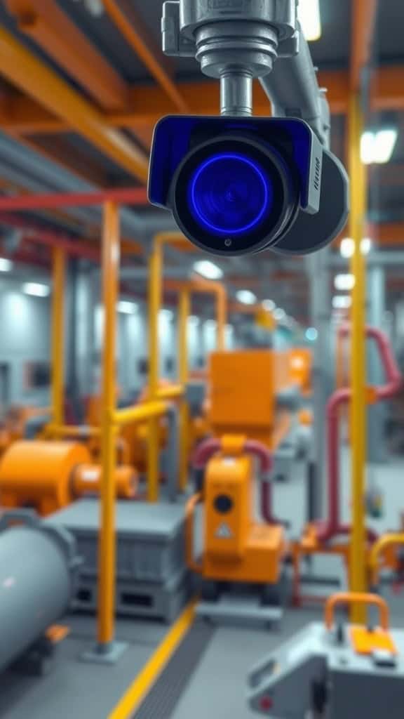 High-definition CCTV security camera with blue night vision, installed in industrial facility.